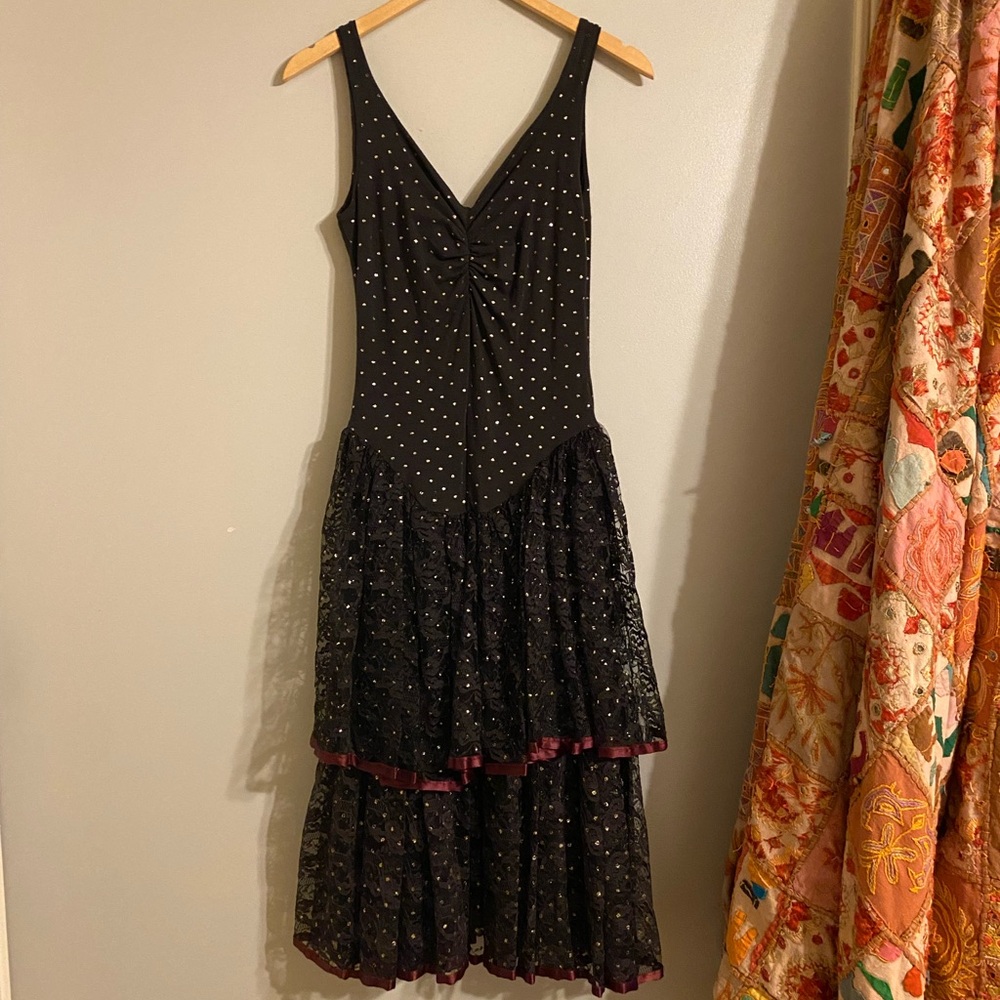 Vintage 1980s Punk Label Betsey Johnson Black Lace Drop Waist Goth Dress